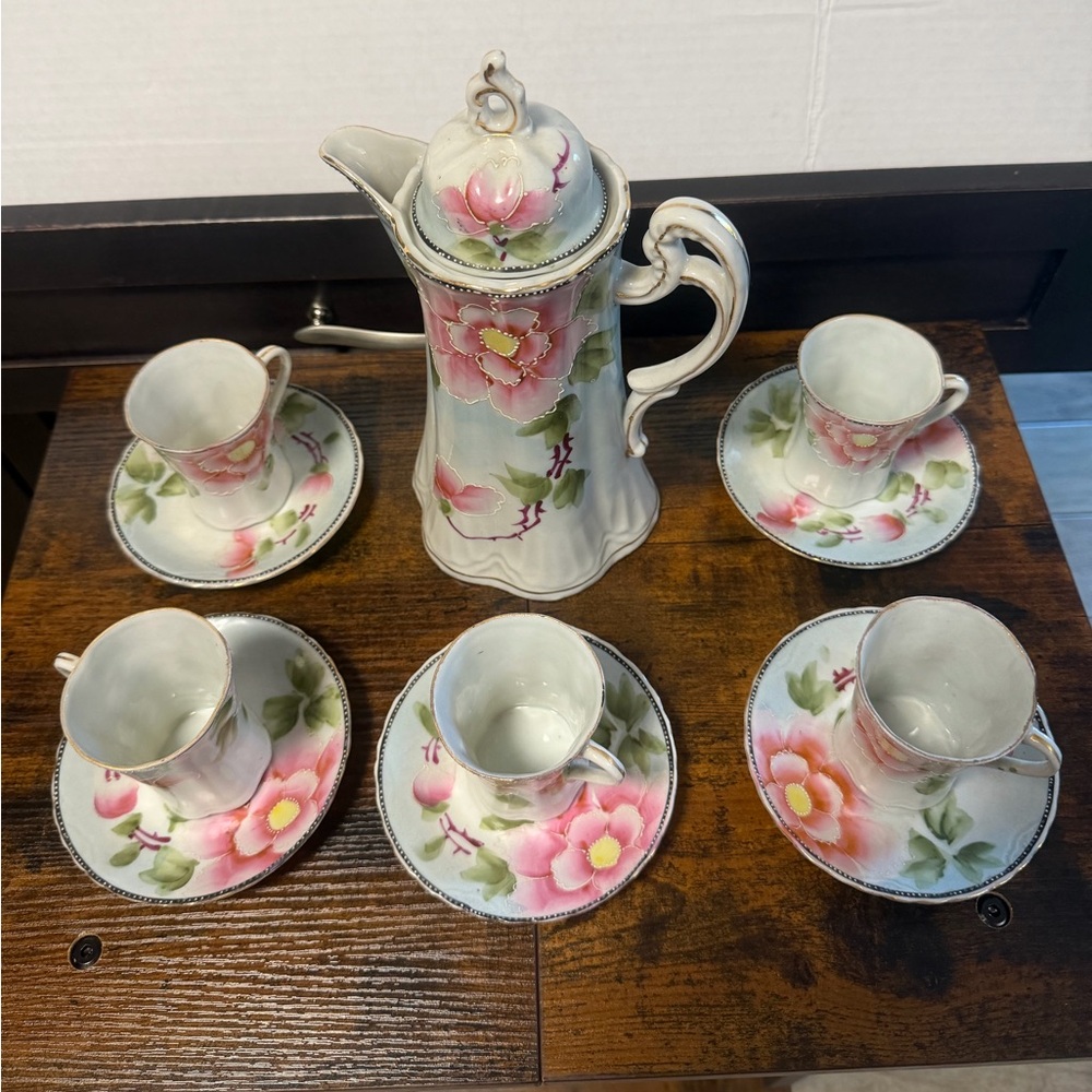 Vtg 10 Pc NIPPON China Hand Painted Rose Coffee Carafe Cup Saucer Set Serves 5
